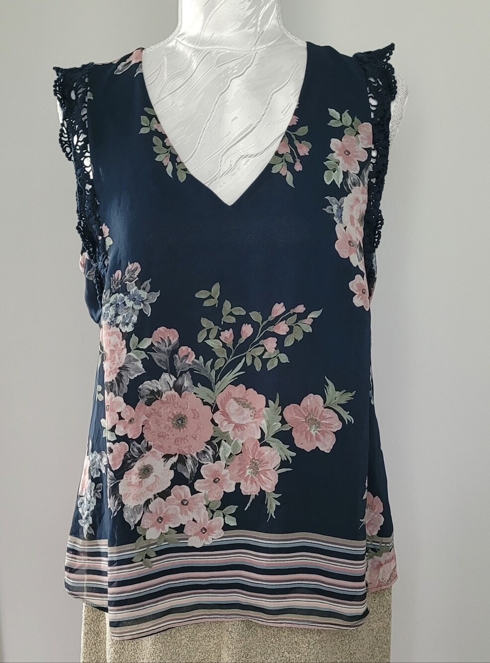 Ricki's Navy Floral Lace-Trim V-Neck Sleeveless Top - Pink Floral